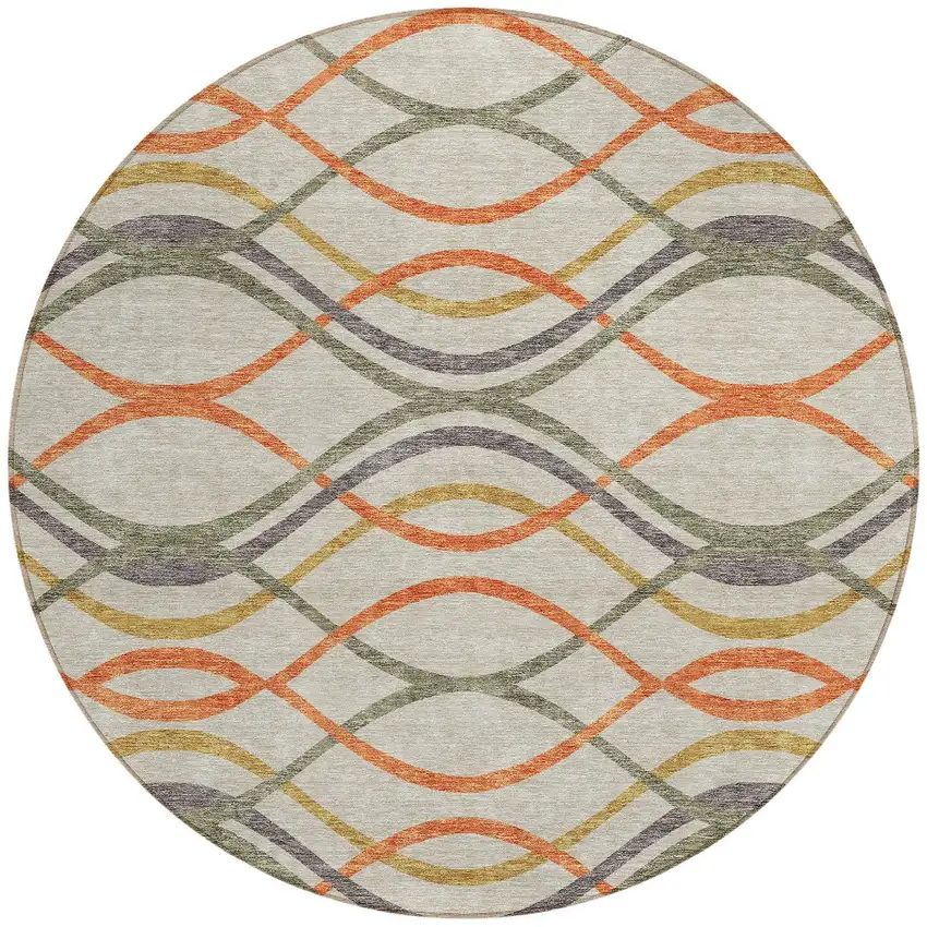 8' Orange Ivory And Gray Round Abstract Washable Indoor Outdoor Area Rug Photo 5