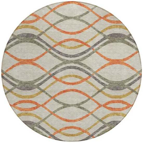 8' Orange Ivory And Gray Round Abstract Washable Indoor Outdoor Area Rug Photo 5