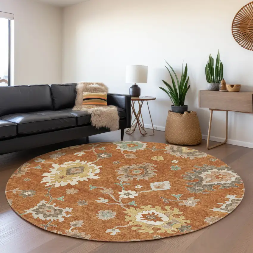 8' Orange Ivory And Gray Round Floral Washable Indoor Outdoor Area Rug Photo 8