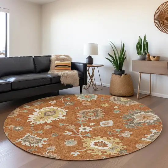8' Orange Ivory And Gray Round Floral Washable Indoor Outdoor Area Rug Photo 8