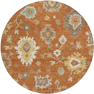 Photo of 8' Orange Ivory And Gray Round Floral Washable Indoor Outdoor Area Rug