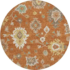 Photo of 8' Orange Ivory And Gray Round Floral Washable Indoor Outdoor Area Rug