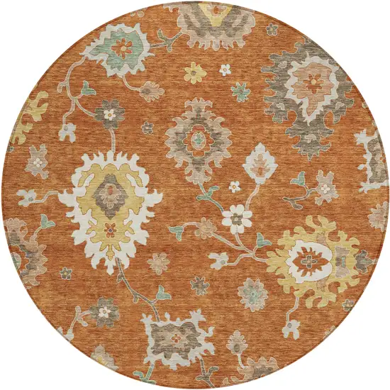 8' Orange Ivory And Gray Round Floral Washable Indoor Outdoor Area Rug Photo 1
