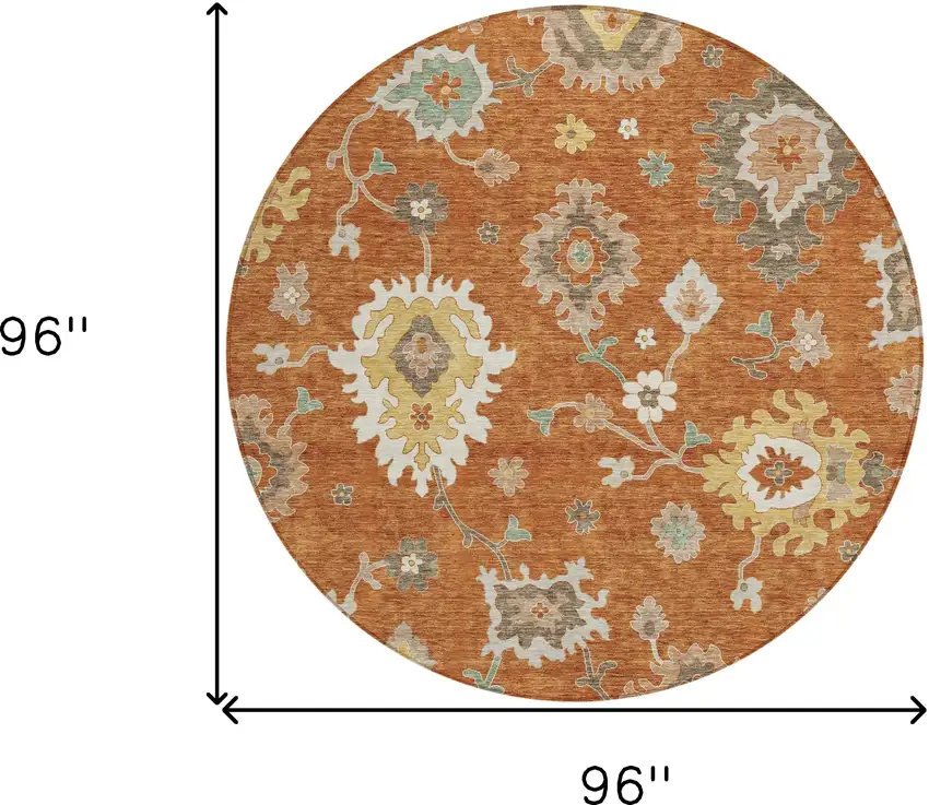8' Orange Ivory And Gray Round Floral Washable Indoor Outdoor Area Rug Photo 9