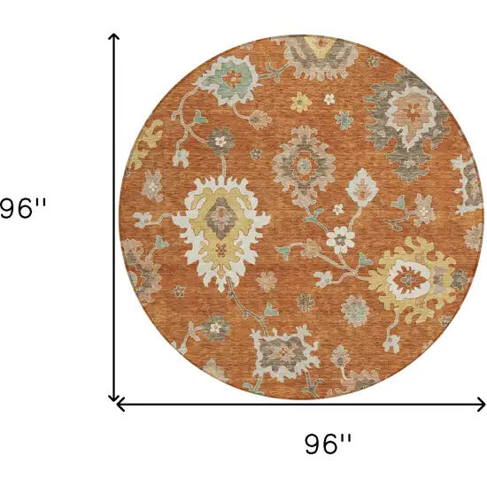 8' Orange Ivory And Gray Round Floral Washable Indoor Outdoor Area Rug Photo 9