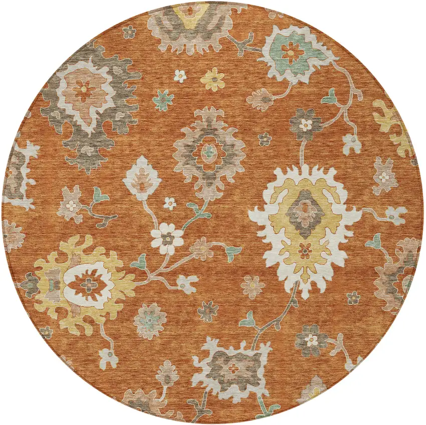 8' Orange Ivory And Gray Round Floral Washable Indoor Outdoor Area Rug Photo 6