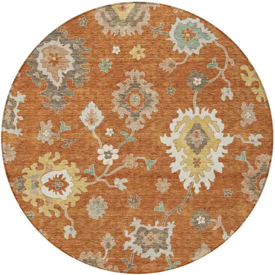 8' Orange Ivory And Gray Round Floral Washable Indoor Outdoor Area Rug Photo 6
