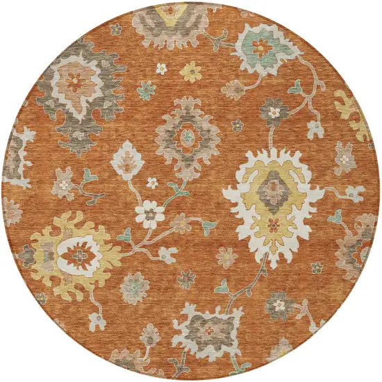 8' Orange Ivory And Gray Round Floral Washable Indoor Outdoor Area Rug Photo 6