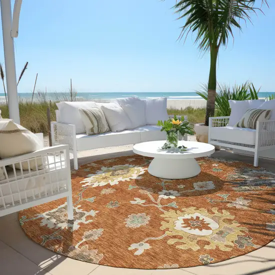 8' Orange Ivory And Gray Round Floral Washable Indoor Outdoor Area Rug Photo 7