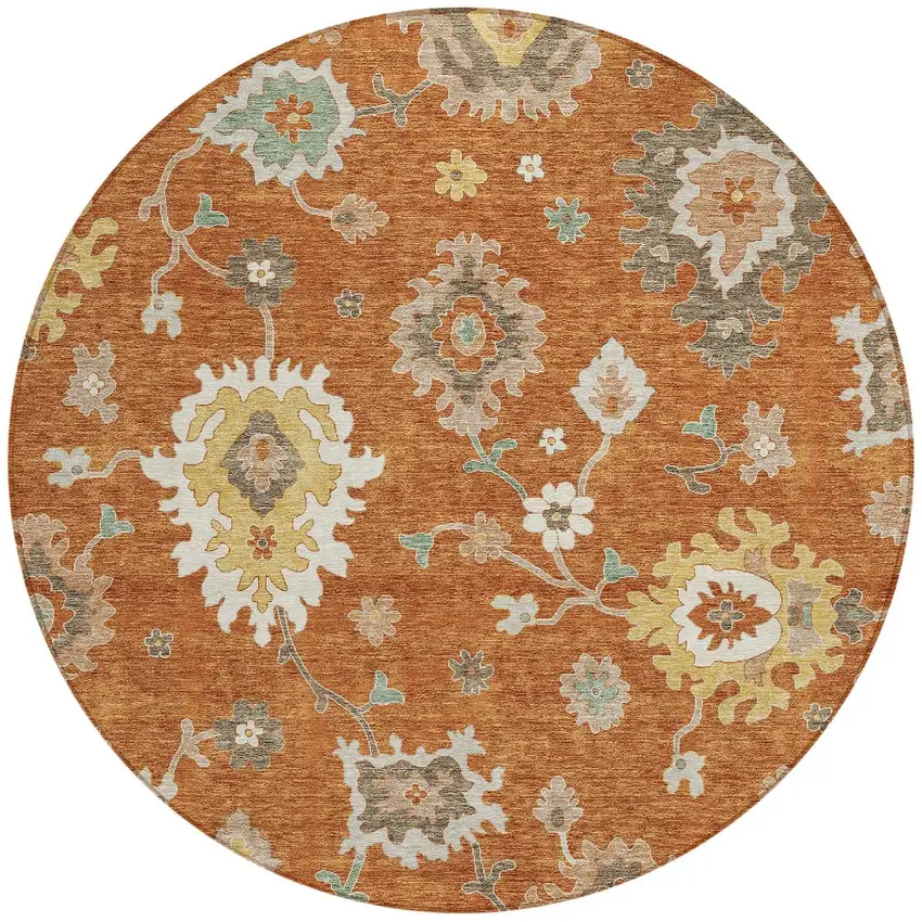 8' Orange Ivory And Gray Round Floral Washable Indoor Outdoor Area Rug Photo 5