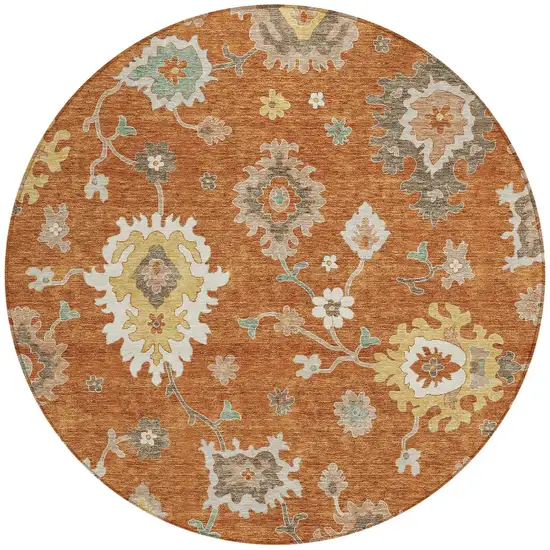 8' Orange Ivory And Gray Round Floral Washable Indoor Outdoor Area Rug Photo 5