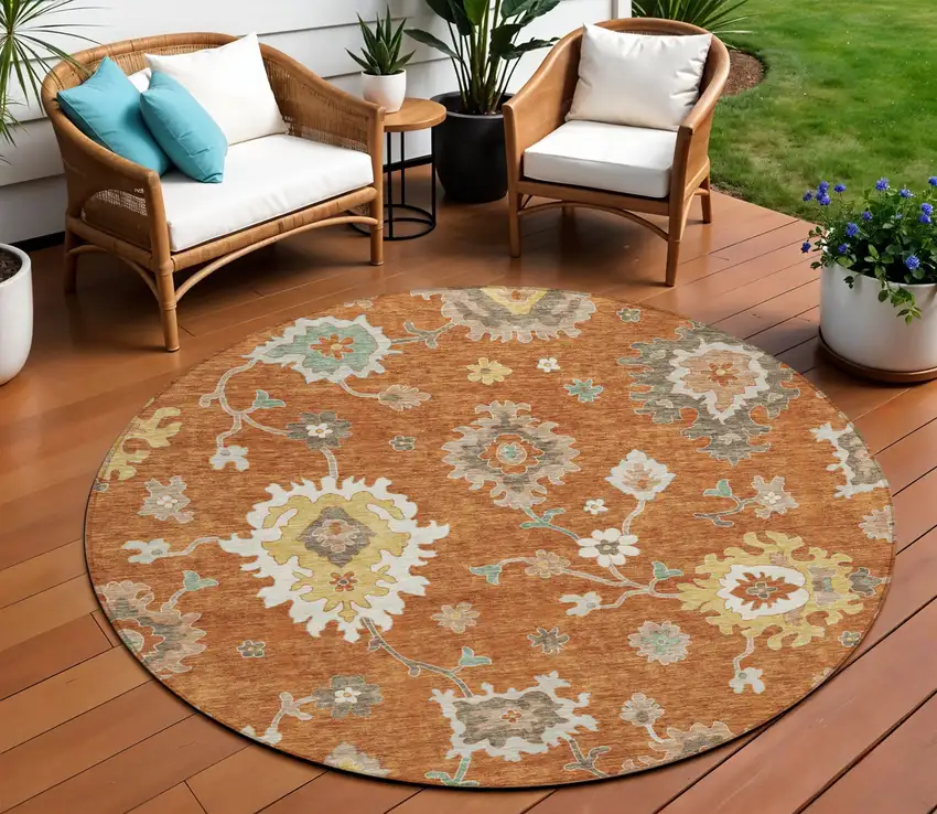 8' Orange Ivory And Gray Round Floral Washable Indoor Outdoor Area Rug Photo 1