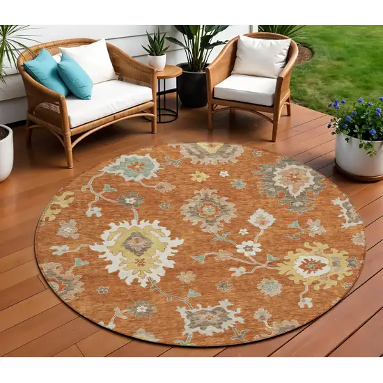 8' Orange Ivory And Gray Round Floral Washable Indoor Outdoor Area Rug Photo 1