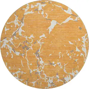 Photo of 8' Orange Ivory And Gray Striped Washable Round Rug With UV Protection