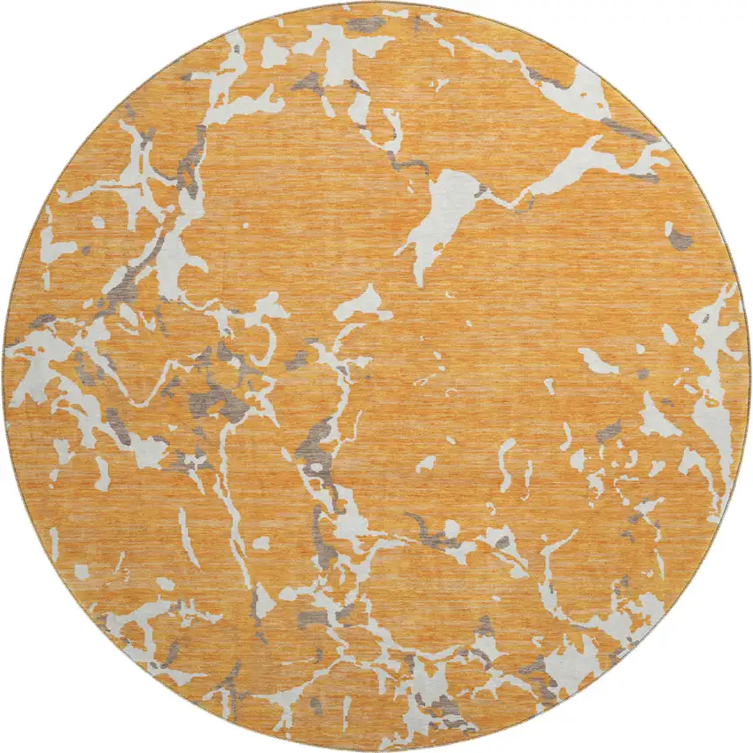 8' Orange Ivory And Gray Striped Washable Round Rug With UV Protection Photo 1