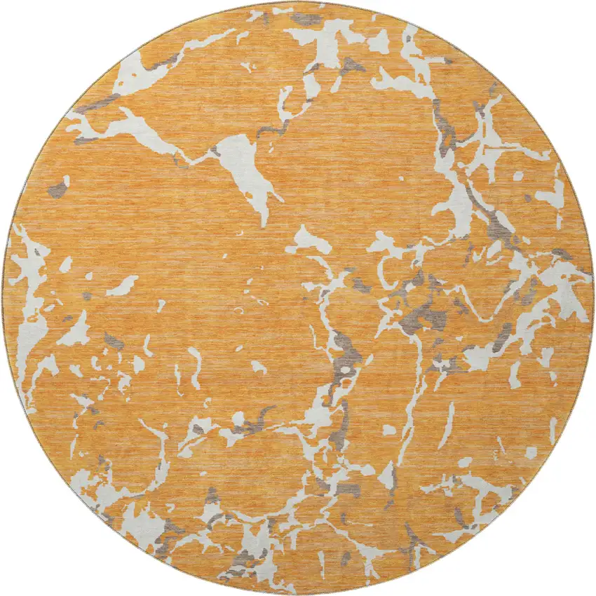 8' Orange Ivory And Gray Striped Washable Round Rug With UV Protection Photo 2