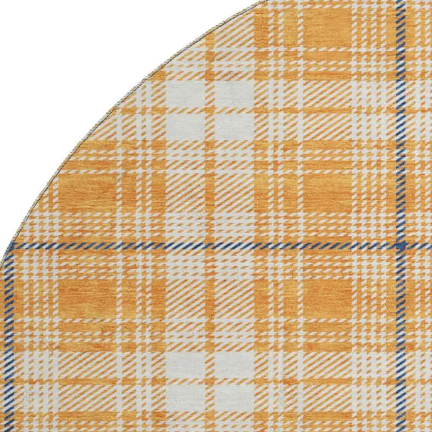 8' Orange Ivory And Navy Blue Plaid Washable Round Rug With UV Protection Photo 2