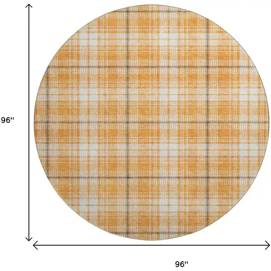 8' Orange Ivory And Navy Blue Plaid Washable Round Rug With UV Protection Photo 9