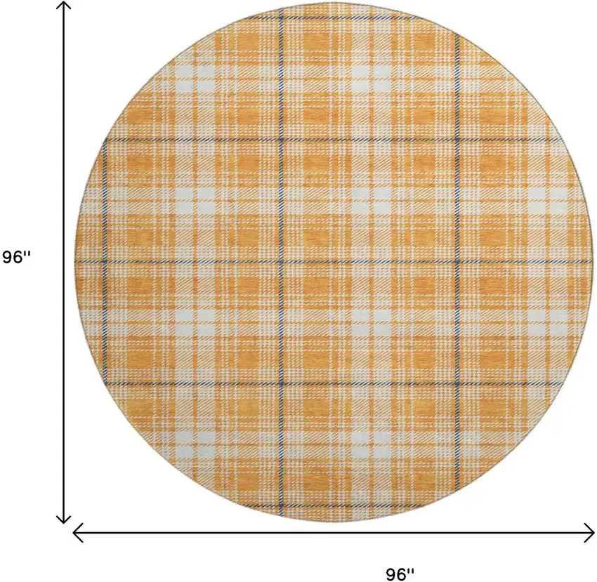 8' Orange Ivory And Navy Blue Plaid Washable Round Rug With UV Protection Photo 9