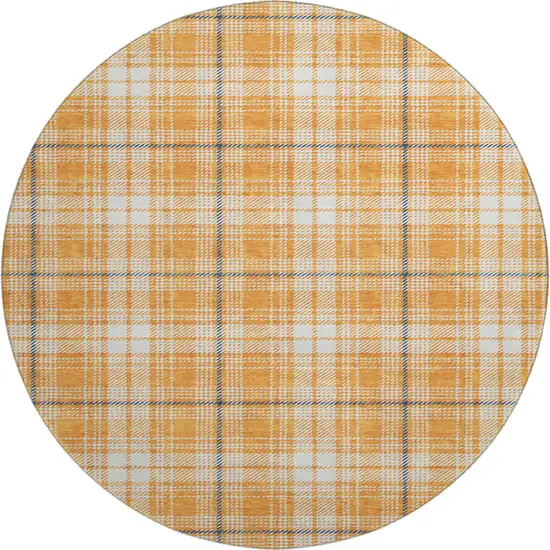 8' Orange Ivory And Navy Blue Plaid Washable Round Rug With UV Protection Photo 1