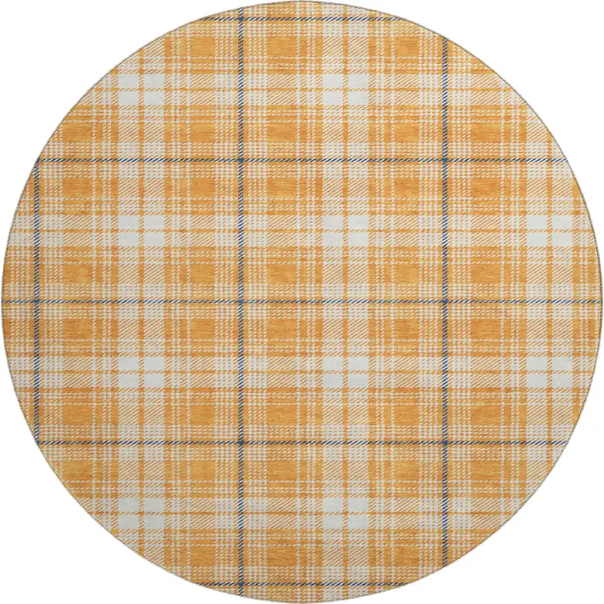 8' Orange Ivory And Navy Blue Plaid Washable Round Rug With UV Protection Photo 1