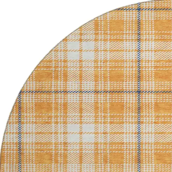 8' Orange Ivory And Navy Blue Plaid Washable Round Rug With UV Protection Photo 3