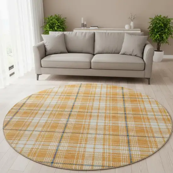 8' Orange Ivory And Navy Blue Plaid Washable Round Rug With UV Protection Photo 2