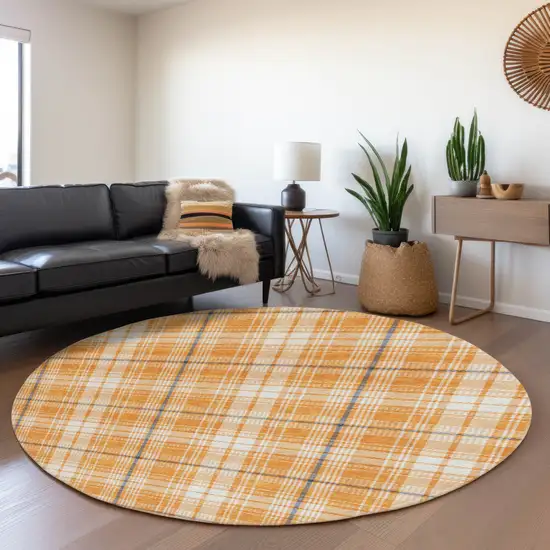 8' Orange Ivory And Navy Blue Plaid Washable Round Rug With UV Protection Photo 4