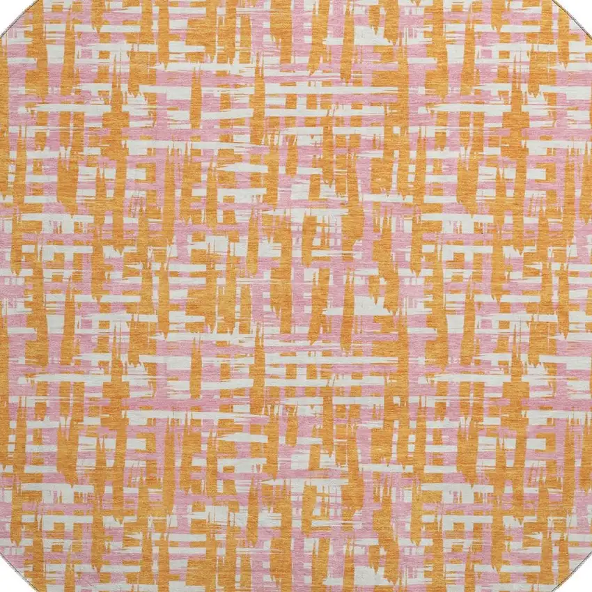 8' Orange Ivory And Pink Abstract Geometric Washable Round Rug With UV Protection Photo 2