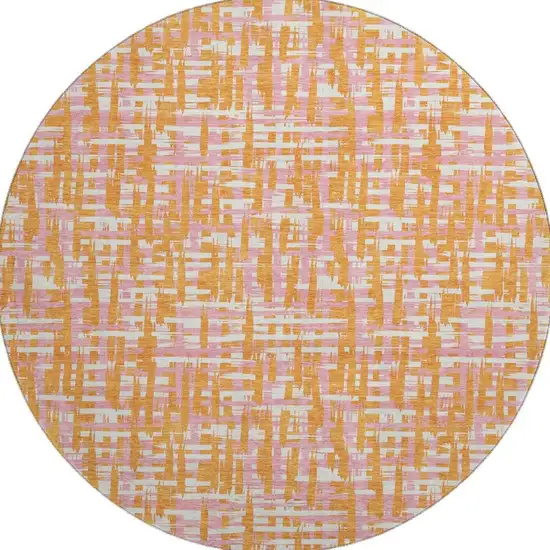 8' Orange Ivory And Pink Abstract Geometric Washable Round Rug With UV Protection Photo 4