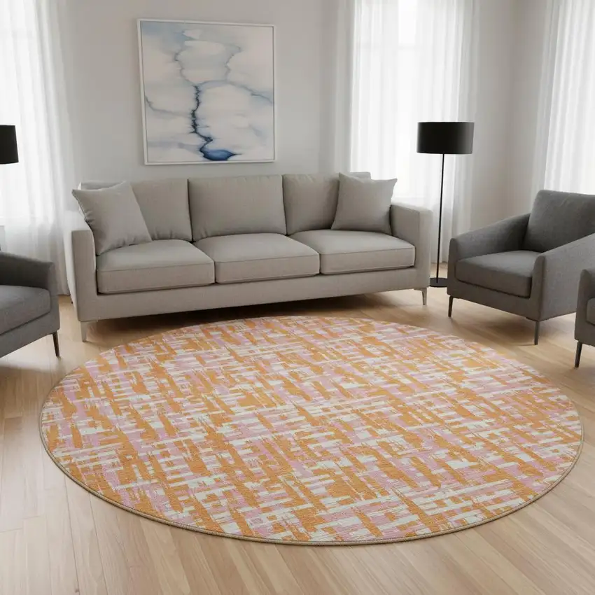 8' Orange Ivory And Pink Abstract Geometric Washable Round Rug With UV Protection Photo 2