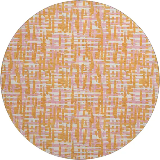 8' Orange Ivory And Pink Abstract Geometric Washable Round Rug With UV Protection Photo 1