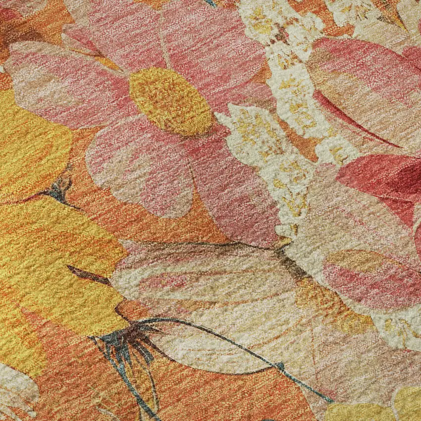 8' Orange Ivory And Pink Floral Washable Area Rug With UV Protection Photo 9