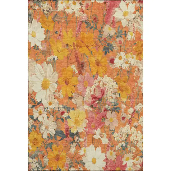 8' Orange Ivory And Pink Floral Washable Area Rug With UV Protection Photo 1