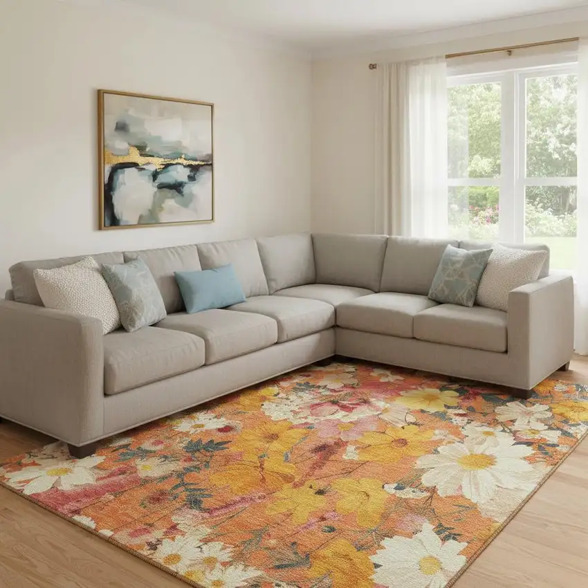 8' Orange Ivory And Pink Floral Washable Area Rug With UV Protection Photo 2