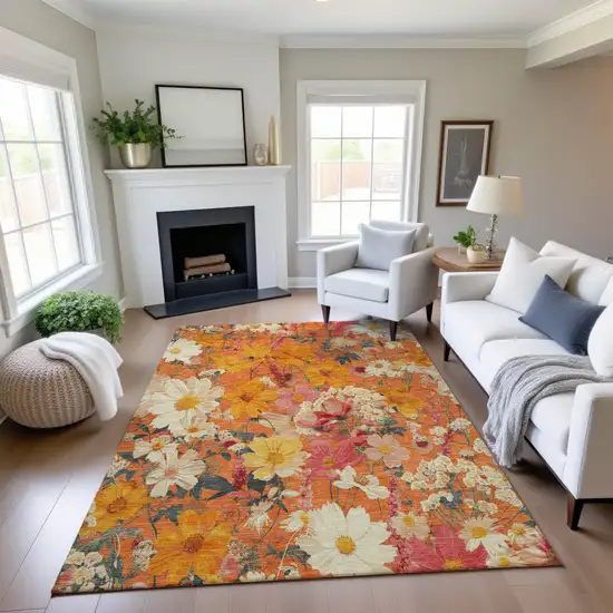 8' Orange Ivory And Pink Floral Washable Area Rug With UV Protection Photo 4