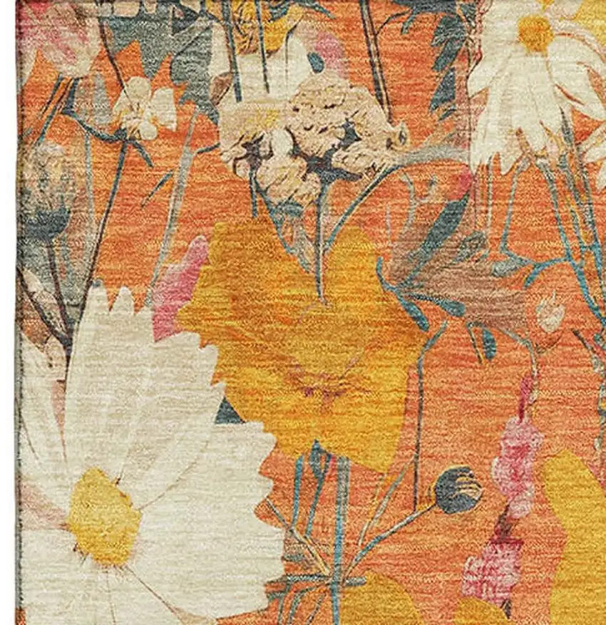 8' Orange Ivory And Pink Floral Washable Area Rug With UV Protection Photo 3