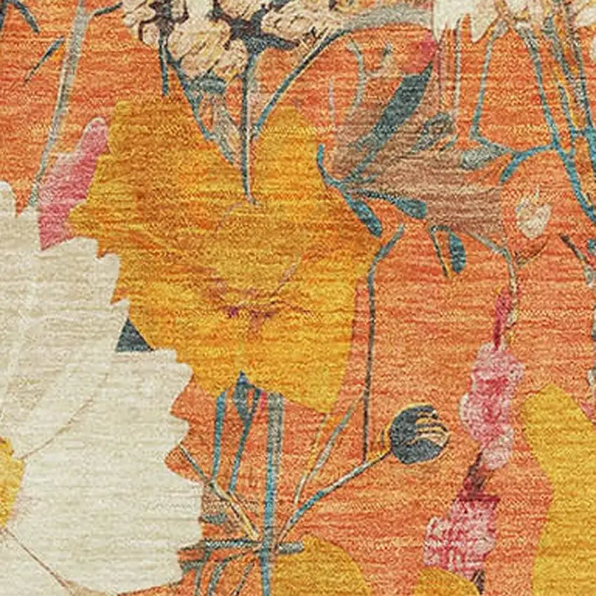 8' Orange Ivory And Pink Floral Washable Area Rug With UV Protection Photo 2