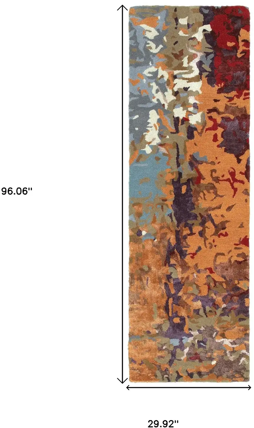 8' Orange Ivory And Teal Abstract Hand Tufted Runner Rug Photo 3