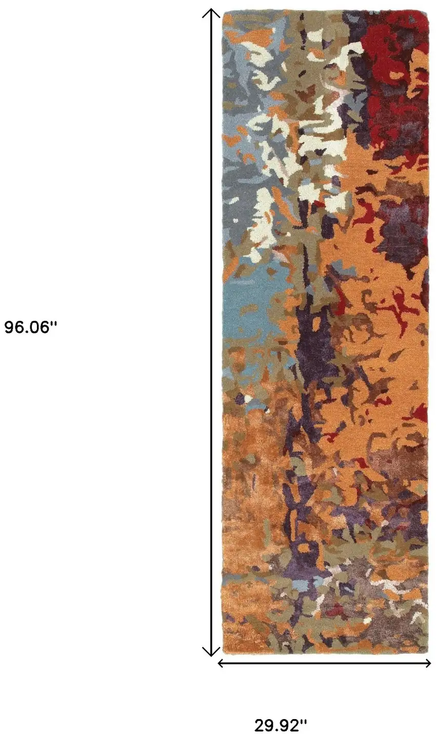 8' Orange Ivory And Teal Abstract Hand Tufted Runner Rug Photo 3