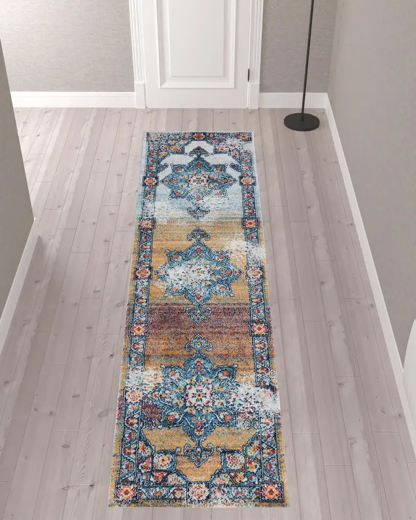 10' Orange Medallion Power Loom Runner Rug Photo 3