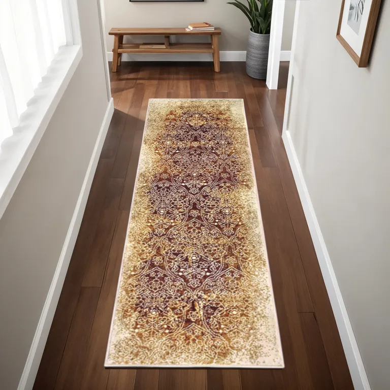 8' Orange Medallion Stain Resistant Runner Rug Photo 5
