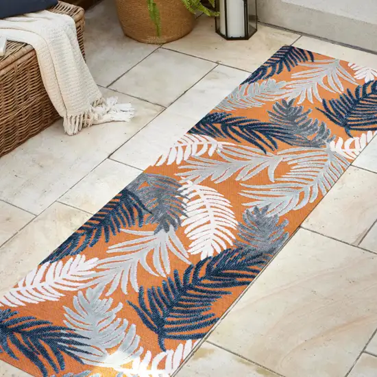 8' Orange Navy Blue And Ivory Floral Indoor Outdoor Runner Rug Photo 3