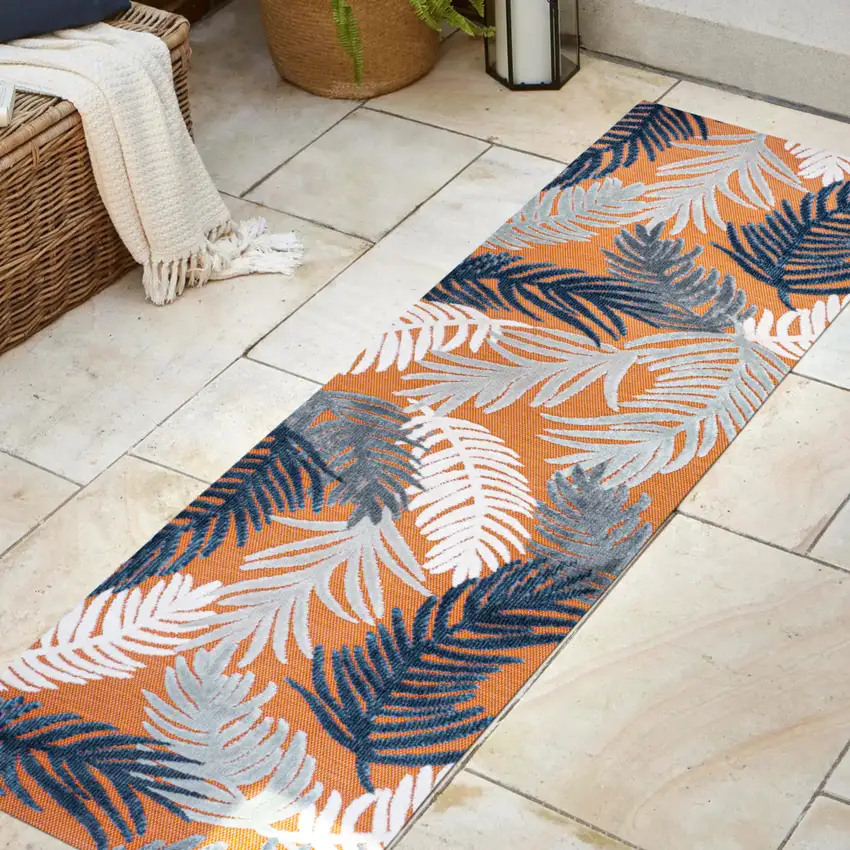 8' Orange Navy Blue And Ivory Floral Indoor Outdoor Runner Rug Photo 3
