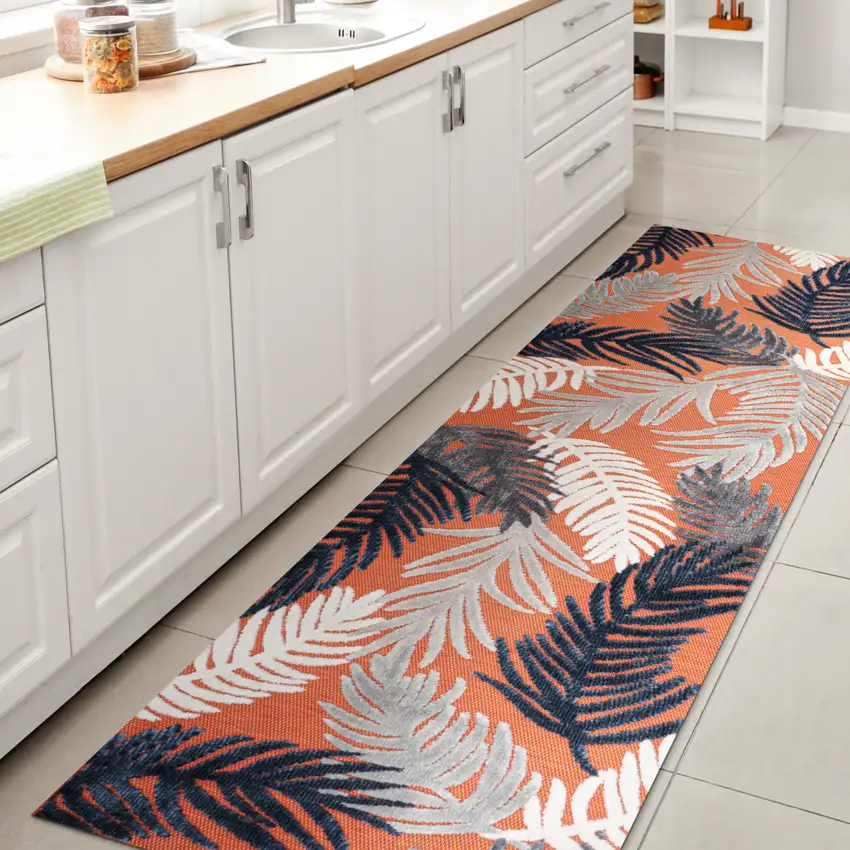 8' Orange Navy Blue And Ivory Floral Indoor Outdoor Runner Rug Photo 4