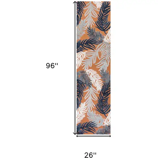 8' Orange Navy Blue And Ivory Floral Indoor Outdoor Runner Rug Photo 9