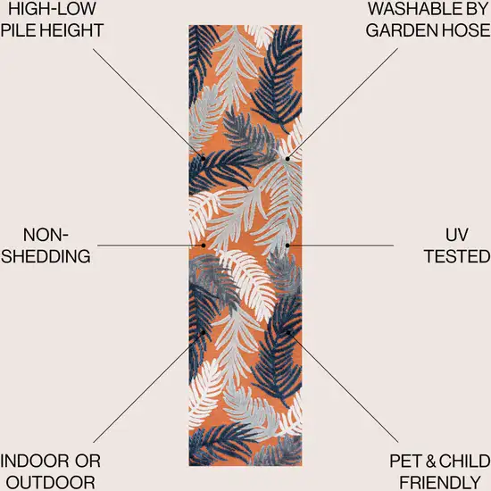 8' Orange Navy Blue And Ivory Floral Indoor Outdoor Runner Rug Photo 6