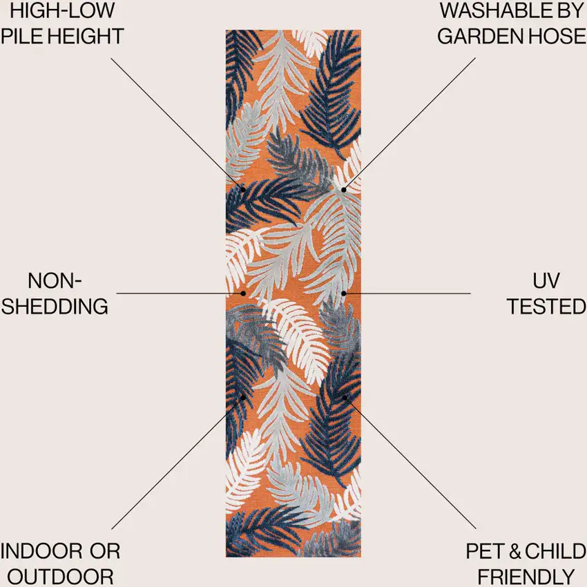 8' Orange Navy Blue And Ivory Floral Indoor Outdoor Runner Rug Photo 6