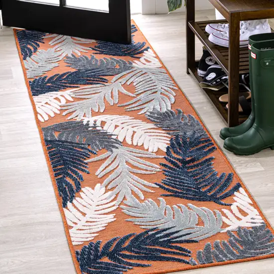 8' Orange Navy Blue And Ivory Floral Indoor Outdoor Runner Rug Photo 2