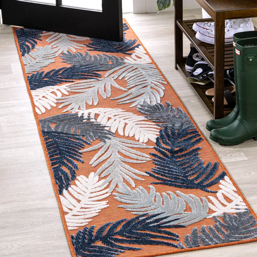 8' Orange Navy Blue And Ivory Floral Indoor Outdoor Runner Rug Photo 2